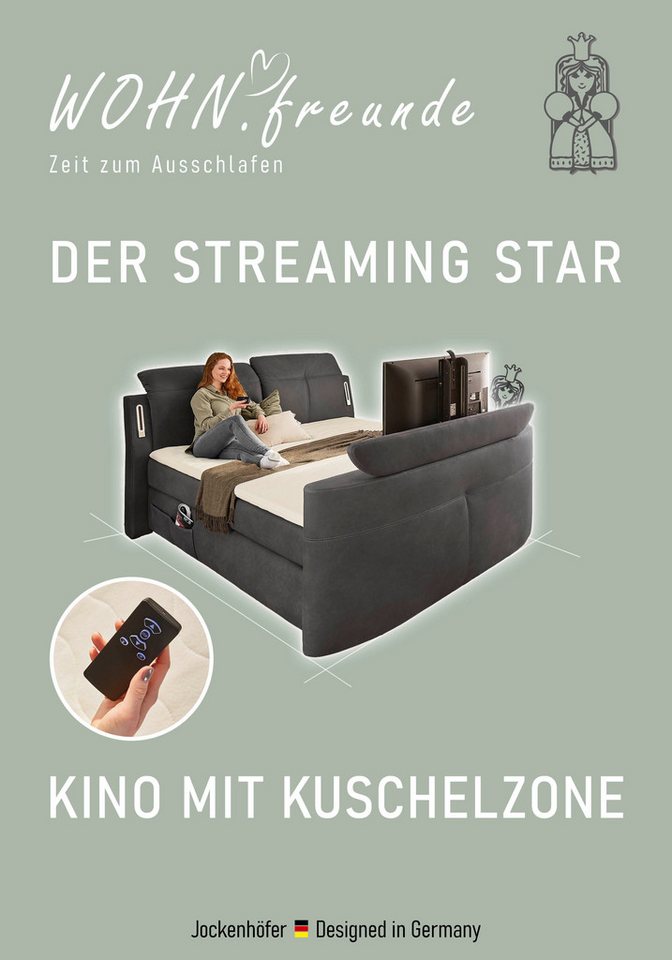 Jockenhöfer Gruppe Boxspringbett MOVIESTAR, mit Taschenfederkernmatratze H3-H4, inkl. LED-Beleuchtung (mit versenkbarem TV-Lift und Fernbedienung, verstellbare  – Bild 3 von 5