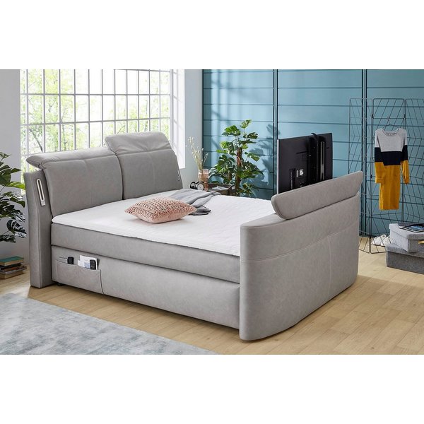 Jockenhöfer Gruppe Boxspringbett MOVIESTAR, mit Taschenfederkernmatratze H3-H4, inkl. LED-Beleuchtung (mit versenkbarem TV-Lift und Fernbedienung, verstellbare 