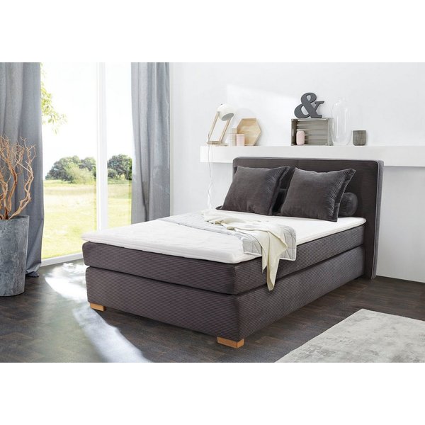 Jockenhöfer Gruppe Boxspringbett Romy erhältlich in 140 & 180cm Breite, Cordstoff, 7-Zonen-TTFK-Matratze, KS-Topper, Echtholzfüße
