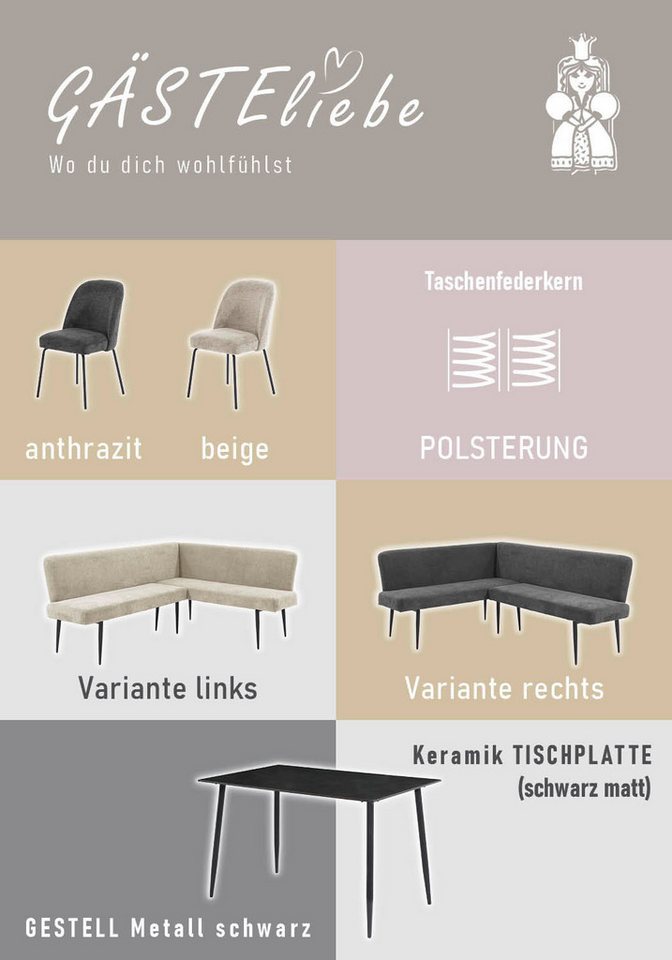 Jockenhöfer Gruppe Eckbankgruppe Melvin (Set, 4-tlg. Tisch, Bank und 2 Stühle), Taschenfederkern, (Set), Tisch (120x75cm) schwarz, Bank und Stühle anthrazit ode – Bild 4 von 5