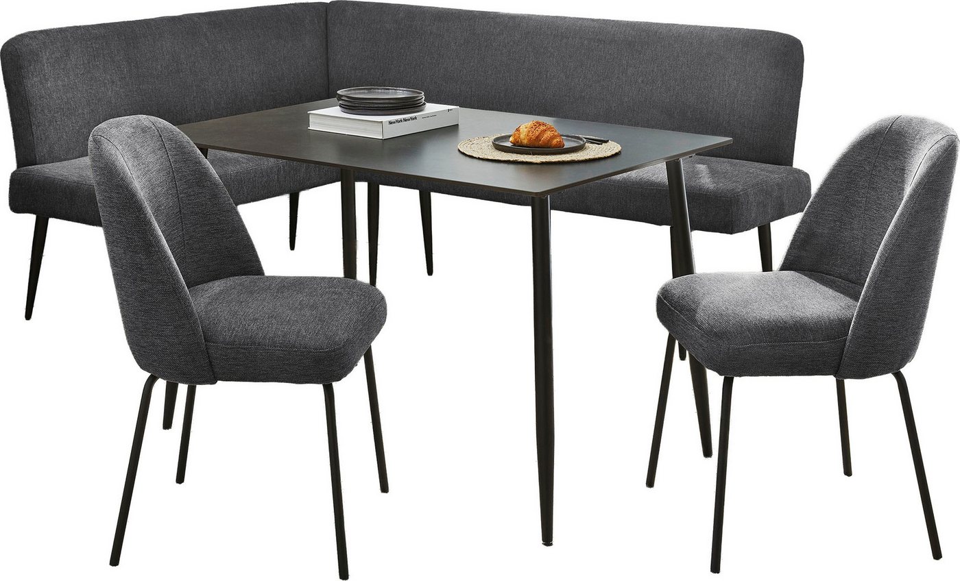 Jockenhöfer Gruppe Eckbankgruppe Melvin (Set, 4-tlg. Tisch, Bank und 2 Stühle), Taschenfederkern, (Set), Tisch (120x75cm) schwarz, Bank und Stühle anthrazit ode – Bild 2 von 5