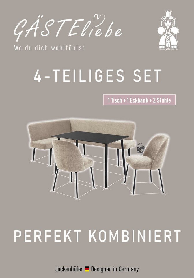Jockenhöfer Gruppe Eckbankgruppe Melvin (Set, 4-tlg. Tisch, Bank und 2 Stühle), Taschenfederkern, (Set), Tisch (120x75cm) schwarz, Bank und Stühle anthrazit ode – Bild 3 von 5
