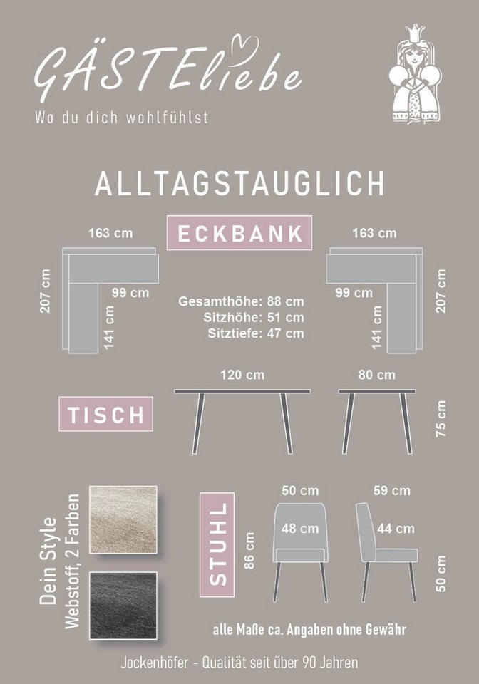 Jockenhöfer Gruppe Eckbankgruppe Melvin (Set, 4-tlg. Tisch, Bank und 2 Stühle), Taschenfederkern, (Set), Tisch (120x75cm) schwarz, Bank und Stühle anthrazit ode – Bild 5 von 5