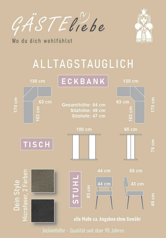 Jockenhöfer Gruppe Eckbankgruppe Theo (Set, 4-tlg. Tisch, Bank und 2 Stühle) 2 Farben wählbar, (Set, 4-tlg), Bank links/rechts montierbar, mit Stauraum, Stühle  – Bild 4 von 5