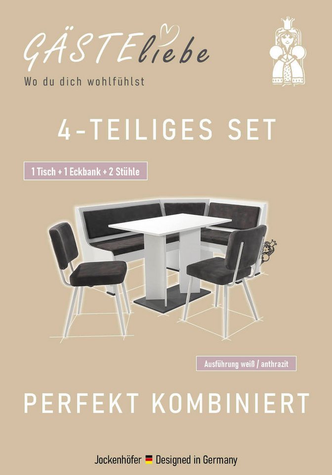 Jockenhöfer Gruppe Eckbankgruppe Theo (Set, 4-tlg. Tisch, Bank und 2 Stühle) 2 Farben wählbar, (Set, 4-tlg), Bank links/rechts montierbar, mit Stauraum, Stühle  – Bild 3 von 5
