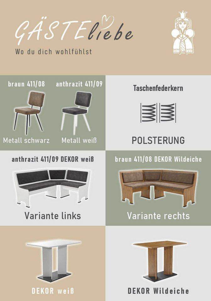 Jockenhöfer Gruppe Eckbankgruppe Theo (Set, 4-tlg. Tisch, Bank und 2 Stühle) 2 Farben wählbar, (Set, 4-tlg), Bank links/rechts montierbar, mit Stauraum, Stühle  – Bild 5 von 5