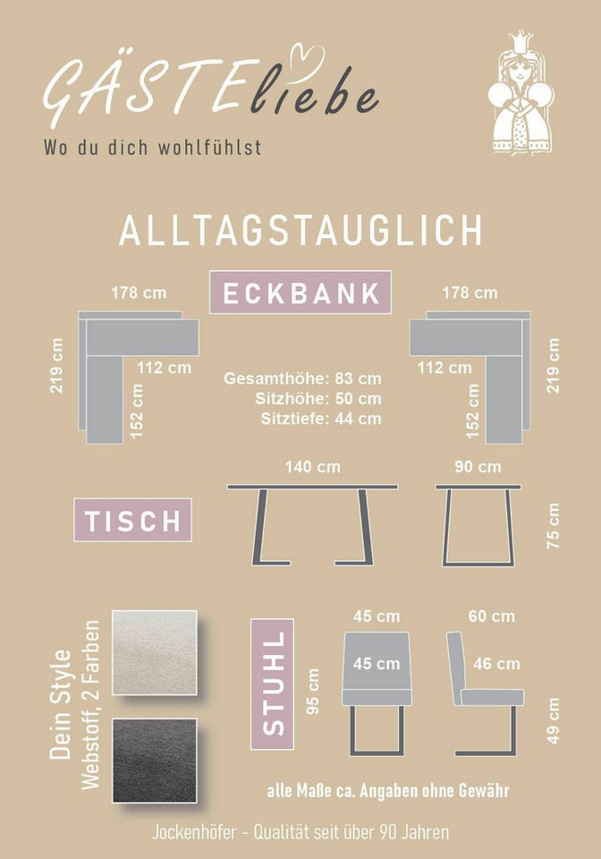 Jockenhöfer Gruppe Eckbankgruppe Tisch, Bank und 2 Stühle, Taschenfederkern, (Set, 4-tlg), Tisch (140x90cm) schwarz, Bank und Stühle anthrazit oder beige – Bild 4 von 5