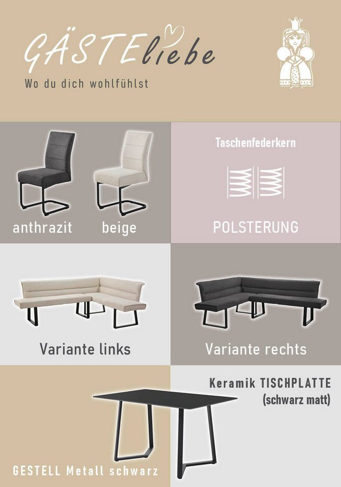 Jockenhöfer Gruppe Eckbankgruppe Tisch, Bank und 2 Stühle, Taschenfederkern, (Set, 4-tlg), Tisch (140x90cm) schwarz, Bank und Stühle anthrazit oder beige – Bild 5 von 5