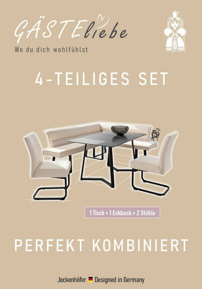 Jockenhöfer Gruppe Eckbankgruppe Tisch, Bank und 2 Stühle, Taschenfederkern, (Set, 4-tlg), Tisch (140x90cm) schwarz, Bank und Stühle anthrazit oder beige – Bild 3 von 5