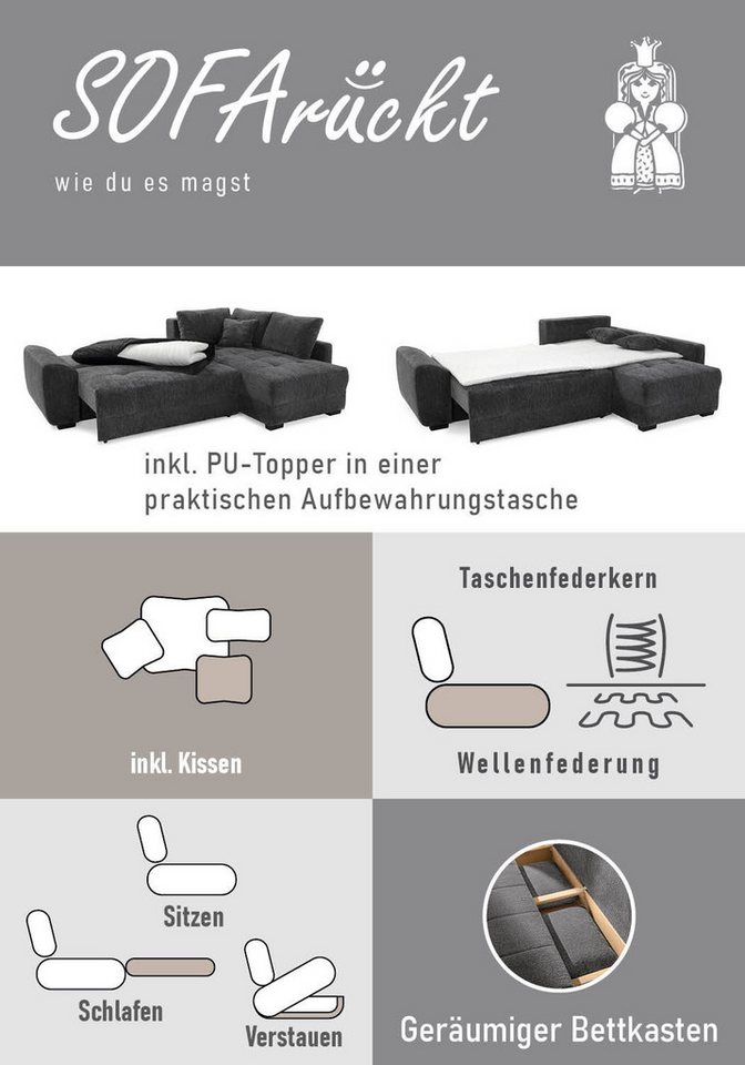 Jockenhöfer Gruppe Ecksofa Amalfi L-Form, B: 270 cm, Liegefl. 146x224 cm, Dauerschlafsofa, Couch mit Tonnentaschen-Federkern, Topper, Bettkasten & Kissen – Bild 4 von 5