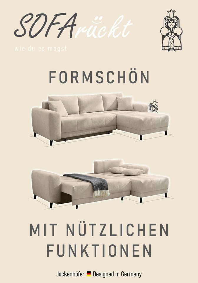 Jockenhöfer Gruppe Ecksofa Beverly L-Form, Schlaffunktion und Bettkasten, inkl. Zierkissen, Couch frei stellbar, Recamiere beidseitig montierbar – Bild 4 von 5