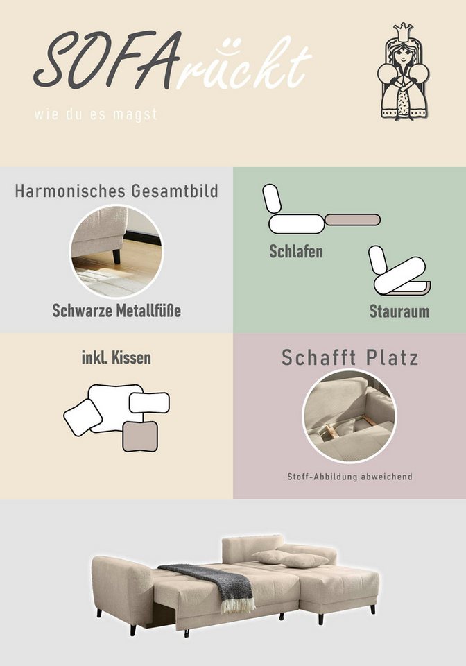 Jockenhöfer Gruppe Ecksofa Beverly L-Form, Schlaffunktion und Bettkasten, inkl. Zierkissen, Couch frei stellbar, Recamiere beidseitig montierbar – Bild 5 von 5