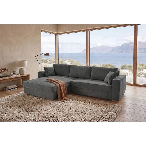 Jockenhöfer Gruppe Ecksofa Bologna, L-Form, Breite: 298 cm, Cord-Bezug, beidseitig montierbar, mit Schlaffunktion, Bettkasten & Zierkissen, XXL-Ottomane