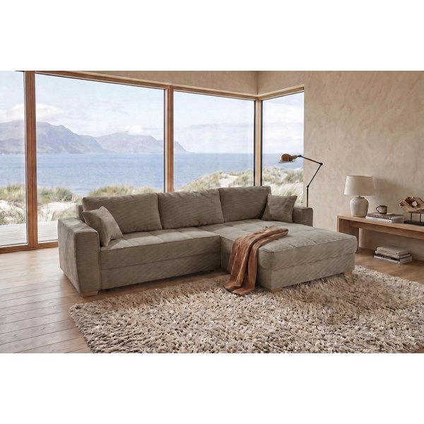 Jockenhöfer Gruppe Ecksofa Bologna, L-Form, Breite: 298 cm, Cord-Bezug, beidseitig montierbar, mit Schlaffunktion, Bettkasten & Zierkissen, XXL-Ottomane