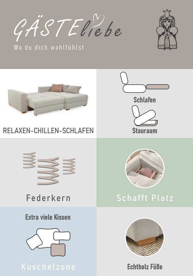 Jockenhöfer Gruppe Ecksofa Kampen L-Form, B: 288 cm, Liegefl. 153x245 cm, mit Schlaffunktion, Bettkasten & Zierkissen, Federkern – Bild 5 von 5