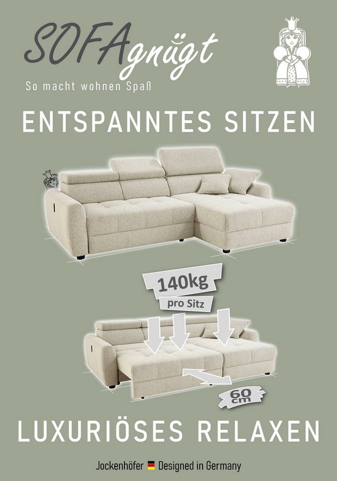 Jockenhöfer Gruppe Ecksofa Move, L-Form, B: 270cm, mit 60 cm elektrischer Sitztiefenverstellung, 140kg Belastbarkeit je Sitz, verstellbaren Kopfstützen & Zierki – Bild 4 von 5