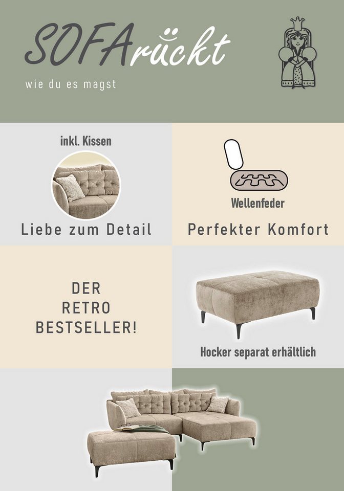 Jockenhöfer Gruppe Ecksofa Salo L-Form, B: 251 cm, im Retrolook mit Wellenfederung, mit Zierkissen – Bild 4 von 5