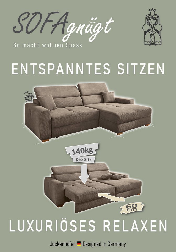 Jockenhöfer Gruppe Ecksofa Slider L-Form, B: 277 cm Couch, 60cm elektrische Sitztiefenverstellung, 140kg Belastbarkeit, USB-Anschluss, Kopfteilverstellung & Zie – Bild 4 von 5