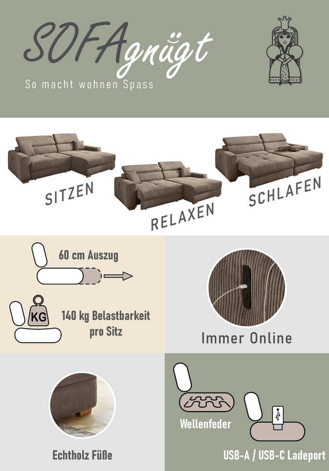 Jockenhöfer Gruppe Ecksofa Slider L-Form, B: 277 cm Couch, 60cm elektrische Sitztiefenverstellung, 140kg Belastbarkeit, USB-Anschluss, Kopfteilverstellung & Zie – Bild 5 von 5