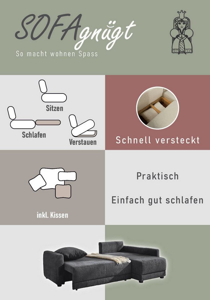 Jockenhöfer Gruppe Ecksofa Venezia L-Form, B: 234 cm, mit Schlaffunktion, Bettkasten & Zierkissen – Bild 4 von 5