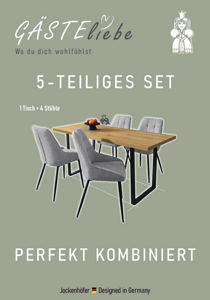 Jockenhöfer Gruppe Essgruppe ROGER, Sitzgruppe, Esstisch 160 cm, 4 Stühle, (Set, 5-tlg., Esstisch 160 cm plus 4 Esszimmerstühle), Tischplatte Wildeiche, U-Geste – Bild 3 von 5