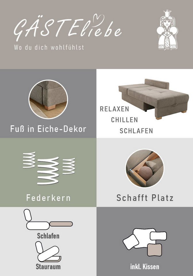 Jockenhöfer Gruppe Recamiere Romeo, B: 164 cm, Liegefl: 90x210 cm, Schlaffunktion, Schlafsofa mit Bettfunktion, Bettkasten & Kissen, Federkern – Bild 5 von 5