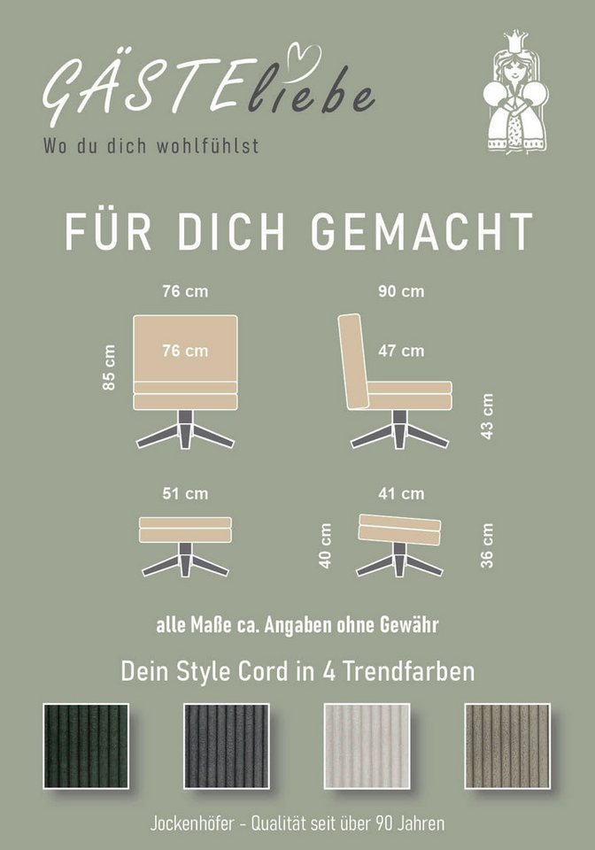 Jockenhöfer Gruppe Relaxsessel Kasper, B: 76 cm, Sitzhöhe: 47 cm, Set: mit Hocker, 360° Drehfunktion, Cord – Bild 5 von 5