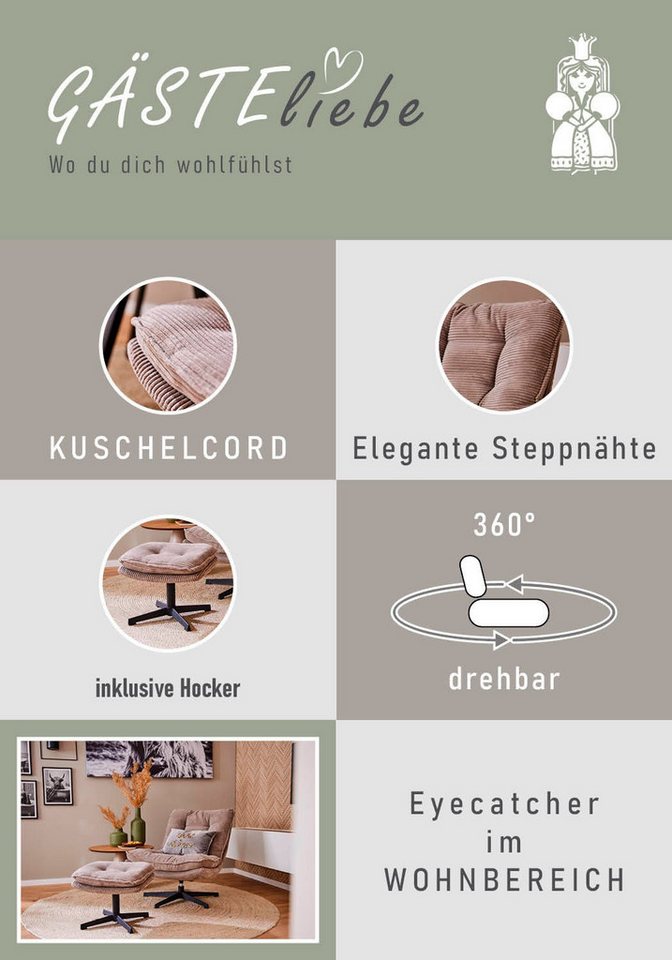 Jockenhöfer Gruppe Relaxsessel Kasper, B: 76 cm, Sitzhöhe: 47 cm, Set: mit Hocker, 360° Drehfunktion, Cord – Bild 4 von 5