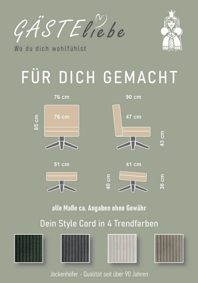 Jockenhöfer Gruppe Relaxsessel Kasper, B: 76 cm, Sitzhöhe: 47 cm, Set: mit Hocker, 360° Drehfunktion, Cord – Bild 5 von 5