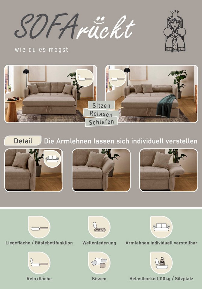 Jockenhöfer Gruppe Schlafsofa Leon, B: 147 - 187 cm, Liegefl. 120 - 160x200 cm, Breite wählbar, mit Schlaffunktion & Zierkissen, in 3 Breiten – Bild 4 von 5