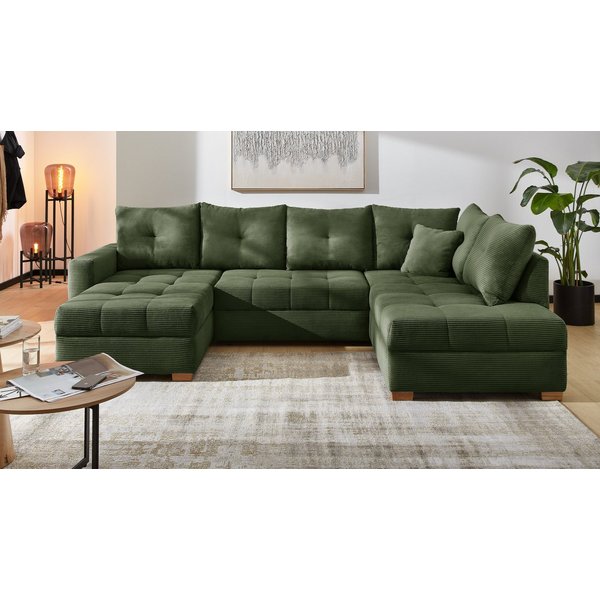 Jockenhöfer Gruppe Wohnlandschaft Abby U-Form, B: 313 cm, inkl. Schlaffunktion, inkl Bettkasten, große Liegefläche 273x147cm, Massivholz Füße