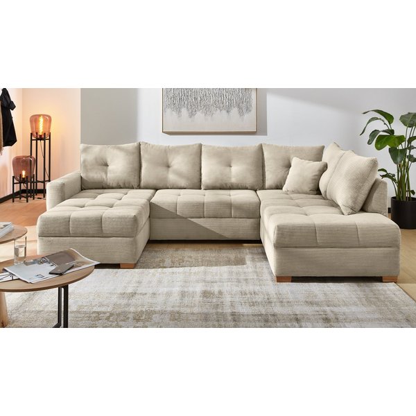 Jockenhöfer Gruppe Wohnlandschaft Abby U-Form, B: 313 cm, inkl. Schlaffunktion, inkl Bettkasten, große Liegefläche 273x147cm, Massivholz Füße