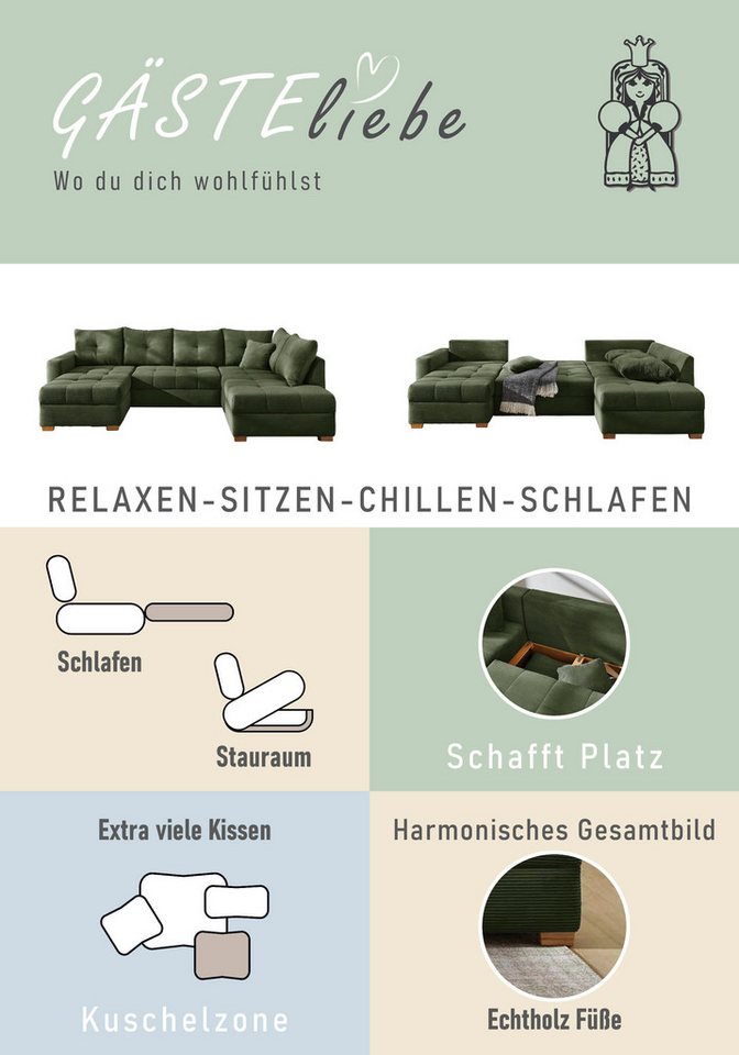 Jockenhöfer Gruppe Wohnlandschaft Abby U-Form, B: 313 cm, inkl. Schlaffunktion, inkl Bettkasten, große Liegefläche 273x147cm, Massivholz Füße – Bild 5 von 5