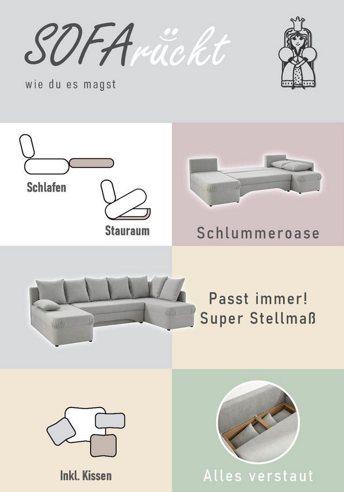 Jockenhöfer Gruppe Wohnlandschaft Arktis U-Form, B: 260 cm, auch in Cord, Sofa mit Bettkasten & Schlaffunktion, zahlreiche Kissen – Bild 4 von 5
