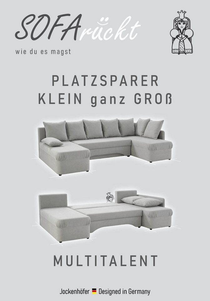 Jockenhöfer Gruppe Wohnlandschaft Arktis U-Form, B: 260 cm, auch in Cord, Sofa mit Bettkasten & Schlaffunktion, zahlreiche Kissen – Bild 3 von 5