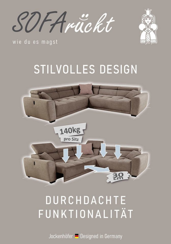 Jockenhöfer Gruppe Wohnlandschaft Monza L-Form, B: 292x292 cm, mit 30 cm elektr. Sitztiefenverstellung, 140kg Belastbarkeit je Sitz, Kopfteilverstellung & USB-A – Bild 3 von 5