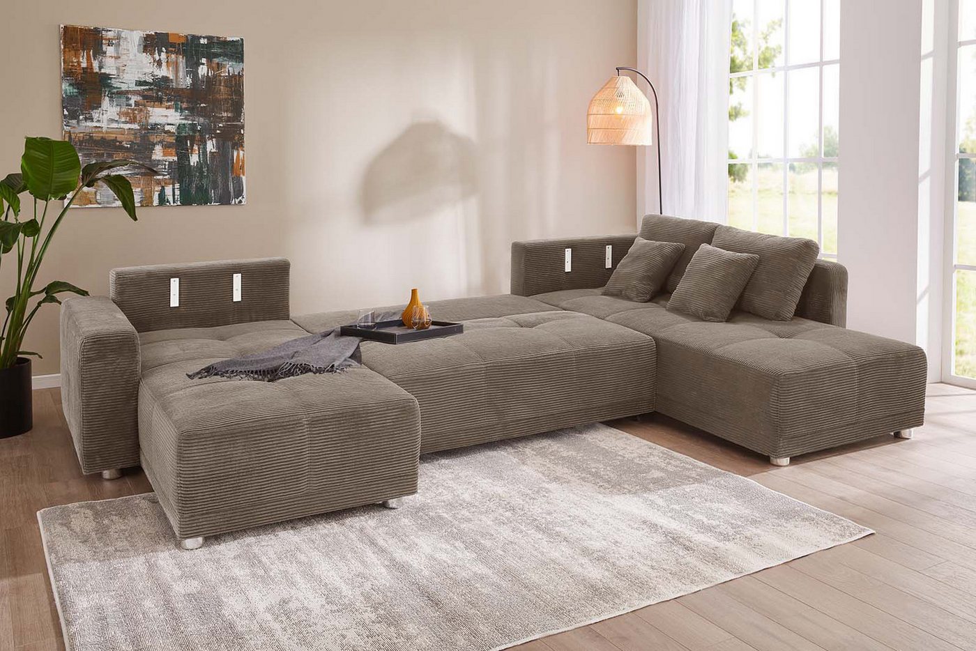 Jockenhöfer Gruppe Wohnlandschaft Orlando U-Form, B: 337 cm, Liegefl. 135x305 cm, mit Schlaffunktion, Bettkasten, 2 Kopfstützen & 2 Zierkissen,Federkern – Bild 2 von 5