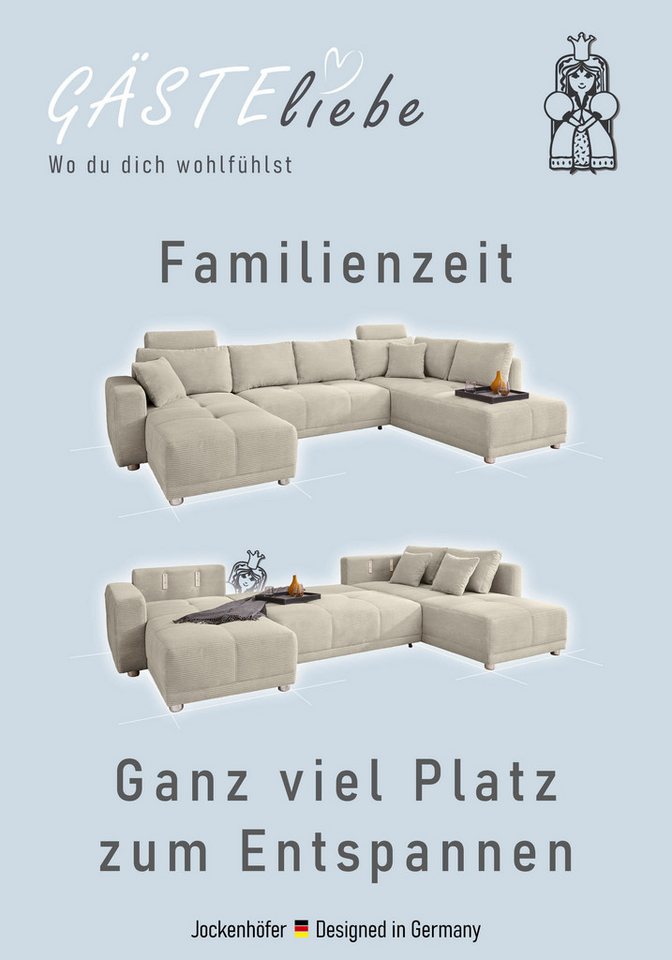 Jockenhöfer Gruppe Wohnlandschaft Orlando U-Form, B: 337 cm, Liegefl. 135x305 cm, mit Schlaffunktion, Bettkasten, 2 Kopfstützen & 2 Zierkissen,Federkern – Bild 4 von 5