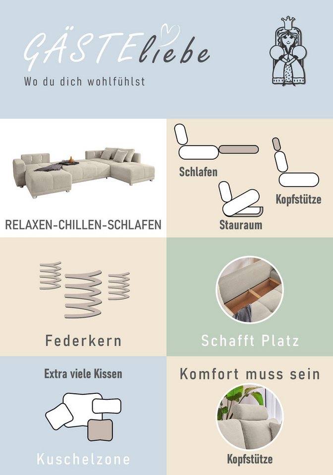 Jockenhöfer Gruppe Wohnlandschaft Orlando U-Form, B: 337 cm, Liegefl. 135x305 cm, mit Schlaffunktion, Bettkasten, 2 Kopfstützen & 2 Zierkissen,Federkern – Bild 5 von 5