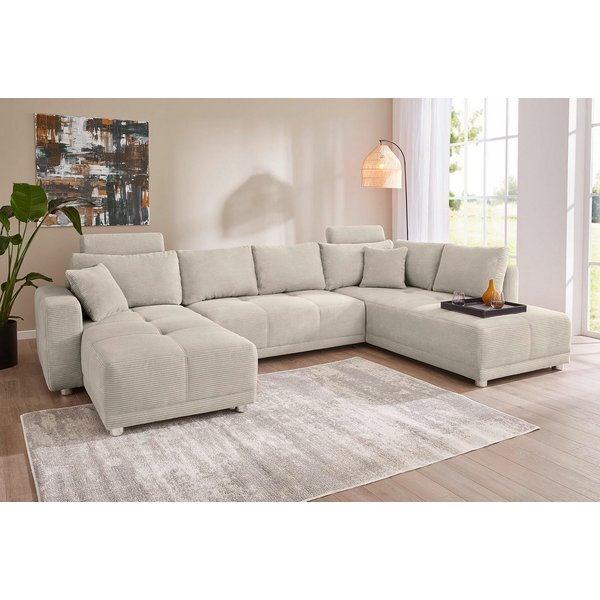 Jockenhöfer Gruppe Wohnlandschaft Orlando U-Form, B: 337 cm, Liegefl. 135x305 cm, mit Schlaffunktion, Bettkasten, 2 Kopfstützen & 2 Zierkissen,Federkern