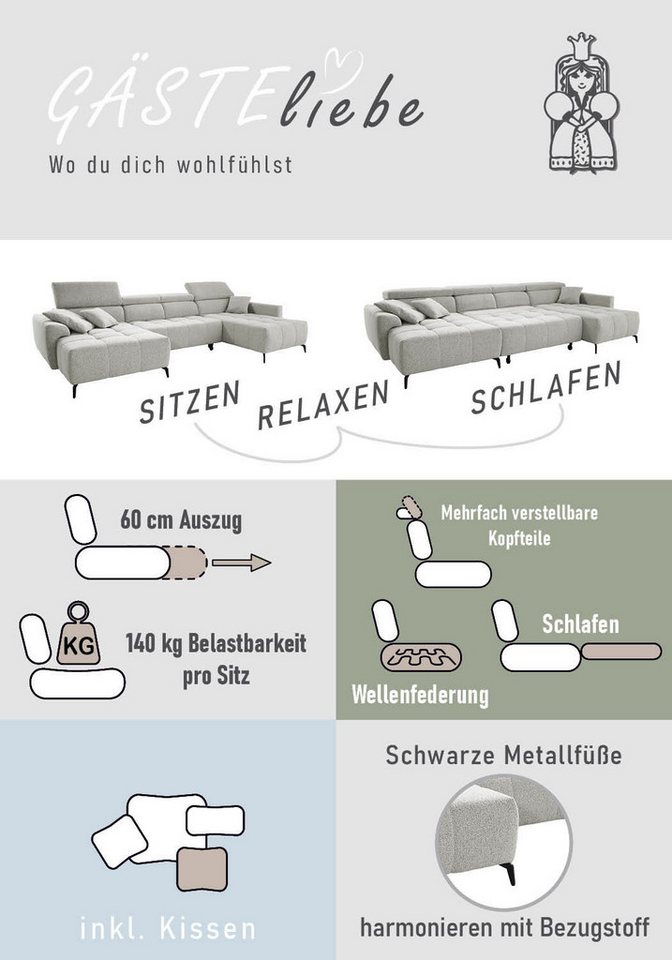 Jockenhöfer Gruppe Wohnlandschaft Ultima U-Form, B: 363 cm, 60 cm elektrische Sitztiefenverstellung, USB-Ports, Kopfstützen verstellbar, Zierkissen, bis 140 kg/ – Bild 4 von 5
