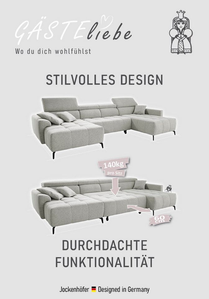 Jockenhöfer Gruppe Wohnlandschaft Ultima U-Form, B: 363 cm, 60 cm elektrische Sitztiefenverstellung, USB-Ports, Kopfstützen verstellbar, Zierkissen, bis 140 kg/ – Bild 3 von 5