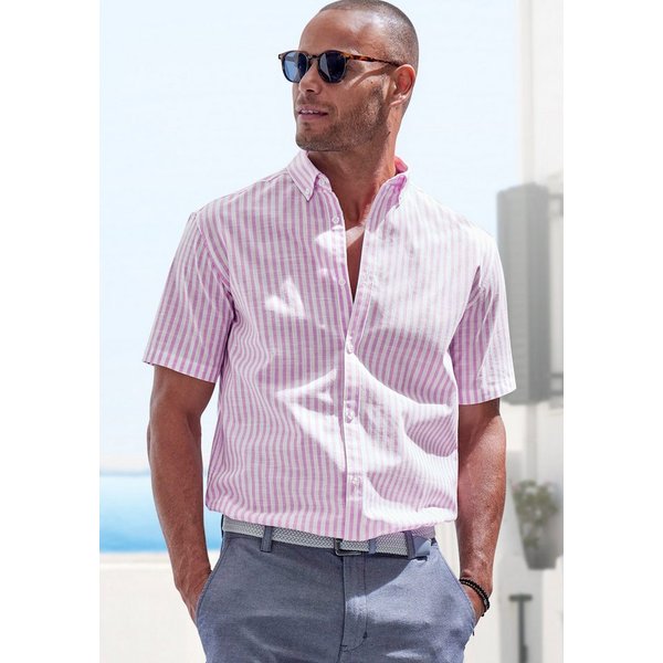 John Devin Kurzarmhemd, Streifenhemd kurzarm mit Button-down-Kragen aus leichter Baumwoll-Webware, Regular-fit