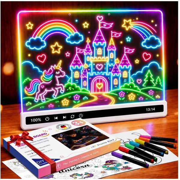 JoJoego Zaubertafel LED-Zeichenbrett mit 16 RGB-Lichteffekten wiederaufladbar 35×25 cm, (Acryl Maltafel abwischbar mit Timer und Ständer, 2800mAh Akku), kreativ