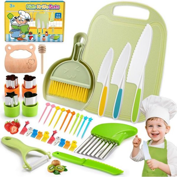 JoltJive Kinderkochmesser Kinderküchen Messer Set 44-teilig Montessori Lernset Zubehör grün, Fördert Motorik Kreativität Selbstständigkeit im Montessori Lernspi