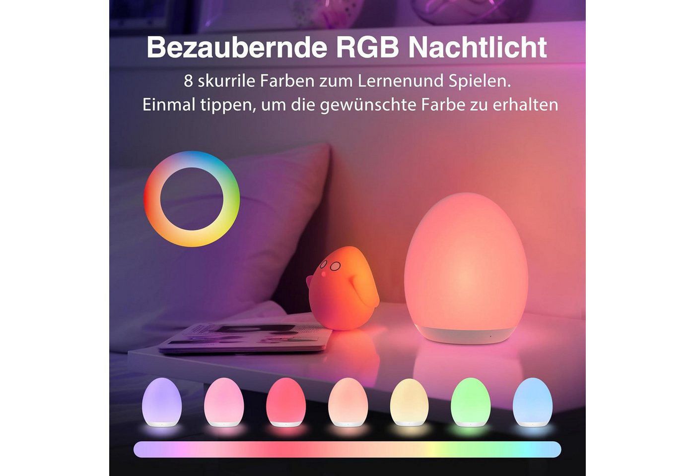 Jolywell Nachtlicht JW-CL002, LED fest integriert, Warmweiß, RGB, Dimmbar, 8 Farben (RGB+Warmweiß), Touch, Akku bis 100h, kabellos – Bild 4 von 5