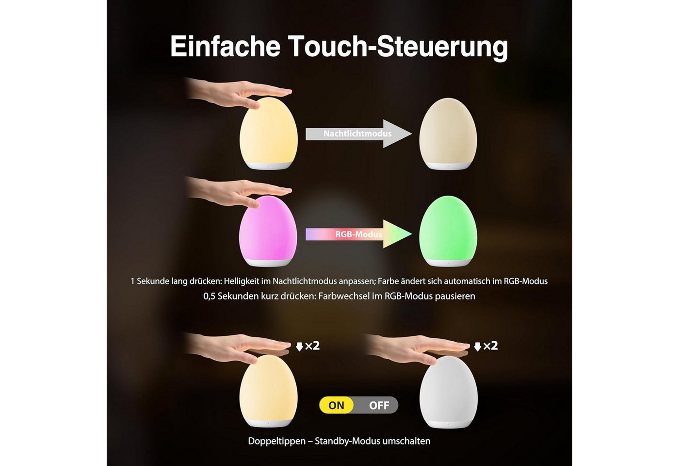 Jolywell Nachtlicht JW-CL002, LED fest integriert, Warmweiß, RGB, Dimmbar, 8 Farben (RGB+Warmweiß), Touch, Akku bis 100h, kabellos – Bild 5 von 5