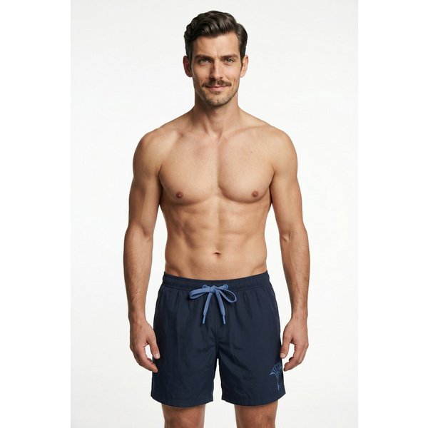 JOOP! Badeshorts Solid Cornflower-Logo, kurze Seitenschlitze