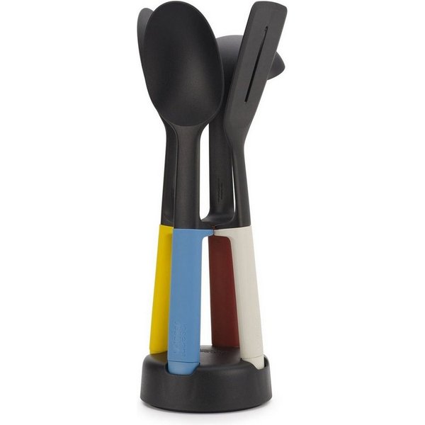 Joseph Joseph Kochbesteckhalter Elevate Slim Küchenhelfer Set mit Halter – 4-teilig, platzsparend, (1x Suppenkelle, 1x Schlitzlöffel, 1x Schlitzwender, 1x Servi