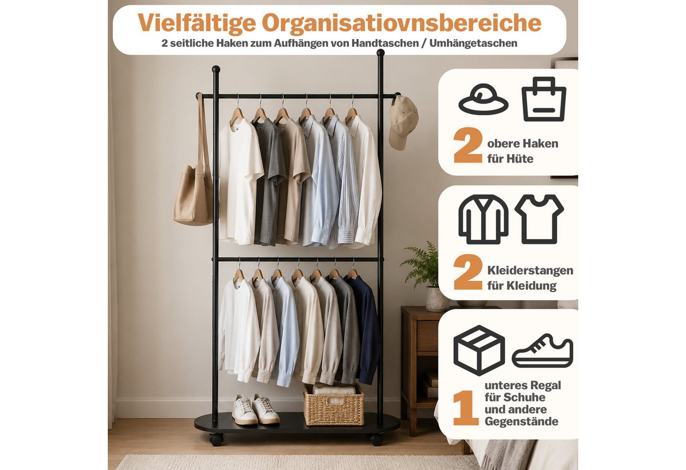 JOYOLEDER Garderobenständer Kleiderständer Doppelt, Metall Kleiderstange auf Rollen Stabil, (Mobile Garderobenständer für Mäntel, Hemden) – Bild 3 von 5